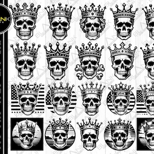 May include: A set of 18 black and white digital illustrations of skulls wearing crowns. The skulls have different expressions and are in various poses. The crowns are ornate and detailed.