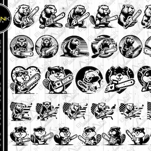 May include: A collection of black and white beaver illustrations holding chainsaws. The designs include beavers in circles, hearts, and with an American flag. The image includes the text "SVG • PNG • JPEG • EPS • DXF".