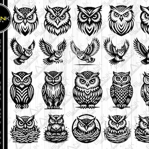 Puede incluir: Un conjunto de 16 ilustraciones de búhos en blanco y negro. Los búhos se representan en varias poses, incluyendo volando, posados y en un nido. Algunos búhos tienen patrones geométricos en sus plumas.