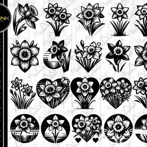 May include: A set of 16 black and white digital clipart images featuring various designs of daffodils. The images are in a variety of shapes, including hearts, circles, and squares. The daffodils are stylized and have a vintage look.