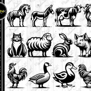 farm animals bundle svg png jpeg eps dxf bundle silhouette cricut commercial use farm animal hen pig horse chicken cow goat sheep cat goat