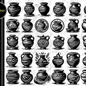 以下が含まれることがあります： さまざまな陶器のデザインを表現した、白黒のベクターイラストレーション36点のセット。デザインには、さまざまな形、サイズ、パターンが含まれています。イラストは、クラフト、スクラップブッキング、デジタルデザインプロジェクトでの使用に最適です。