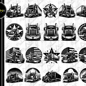 Puede incluir: Un conjunto de 12 ilustraciones en blanco y negro de camiones de plataforma. Los camiones se muestran en varias poses, incluyendo conduciendo, estacionados y con diferentes fondos. Las ilustraciones son perfectas para usar en una variedad de proyectos, como diseños de camisetas, gráficos de sitios web y publicaciones en redes sociales.