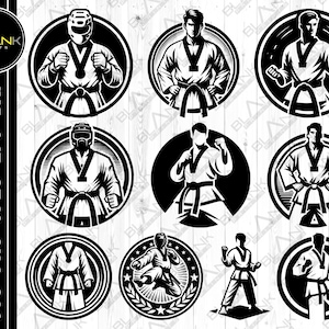 Puede incluir: Un conjunto de 10 ilustraciones vectoriales en blanco y negro de luchadores de karate en varias poses. Las ilustraciones están en un marco circular con un fondo blanco.