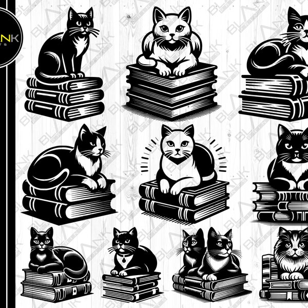 cat on books bundle svg png jpeg eps dxf bundle silhouette cricut commercial use custom shirt design cat animal books lover bundle svg