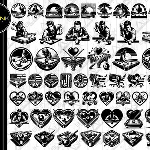 Puede incluir: Un conjunto de 40 ilustraciones vectoriales en blanco y negro de jugadores de billar y mesas de billar. Las ilustraciones están en varios estilos, incluyendo dibujos animados, realistas y abstractos. Las ilustraciones son perfectas para usar en una variedad de proyectos, como sitios web, redes sociales y materiales impresos.