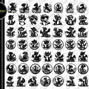 May include: A set of 48 black and white digital clipart images featuring cute cartoon dragons in various poses. The dragons are depicted in a variety of styles, including some with wings, some with horns, and some with scales. The images are perfect for use in crafting projects, scrapbooking, or digital design.