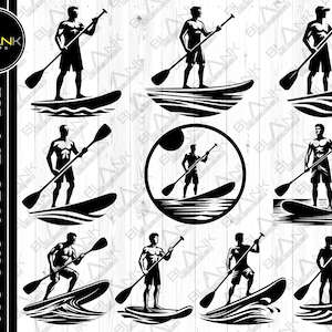 May include: A set of ten black and white silhouette illustrations of people paddleboarding. Each illustration features a person standing on a paddleboard with a paddle in hand, with waves behind them.
