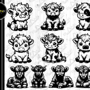 Puede incluir: Un conjunto de ocho ilustraciones digitales en blanco y negro de lindas vacas Highland de dibujos animados. Las vacas están en varias poses, incluyendo sentadas, de pie y acostadas. Las ilustraciones son perfectas para usar en proyectos de manualidades, scrapbooking o diseño digital.