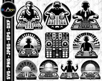 May include: A set of ten black and white digital DJ mixer illustrations. The illustrations feature a DJ mixer in various settings, including a DJ booth, a beach, and a sunset.