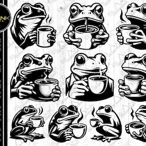 frog drinking coffee svg png jpeg eps dxf bundle silhouette cricut commercial use custom frog coffee lover frog lover coffee bundle svg
