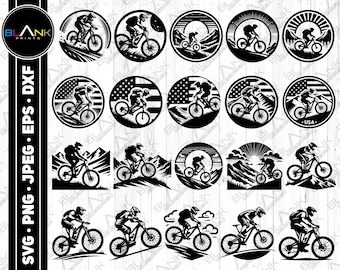 May include: A set of 16 black and white mountain bike silhouette designs. Each design features a rider on a mountain bike with a mountain landscape in the background. The designs are perfect for use on t-shirts, mugs, stickers, and other merchandise.