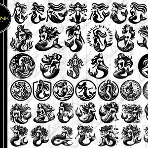 May include: A set of 36 black and white mermaid illustrations. The mermaids are depicted in various poses, including swimming, sitting, and standing. Some of the mermaids are wearing crowns, while others are holding seashells or other objects.