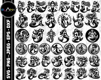 Mermaid Silhouette Vector Bundle (svg, png, jpg, eps, dxf) Commercial Use