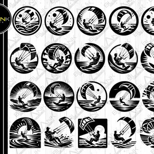 Puede incluir: Un conjunto de 16 archivos de corte SVG en silueta en blanco y negro que representan kitesurfistas en varias poses. Los diseños son perfectos para crear camisetas personalizadas, tazas, pegatinas y otras manualidades.
