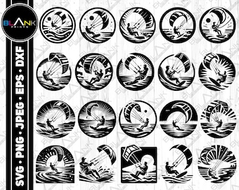 May include: A set of 16 black and white silhouette SVG cut files featuring kitesurfers in various poses. The designs are perfect for creating custom t-shirts, mugs, stickers, and other crafts.