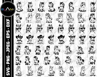 May include: Black and white digital art featuring a collection of cartoon horses in various poses. Some horses wear sunglasses or cowboy hats. The image includes the text "SVG • PNG • JPEG • EPS • DXF" and the brand name "BLANK PRINTS".