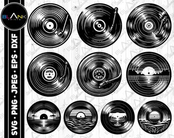 May include: A set of ten black and white vinyl record designs. The designs include a vintage record with a needle, a record with a sunset over the ocean, and a record with a mountain range.