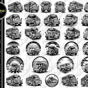 May include: A collection of black and white school bus illustrations in various angles and designs. Some buses are set within circular frames with sun and cloud motifs. The image includes the text "BLANK PRINTS" and file type indicators: SVG, PNG, JPEG, EPS, and DXF.