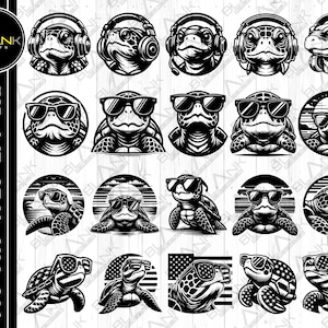 Schildkröte Bundle svg png jpeg eps dxf Bundle Silhouette Cricut kommerzielle Nutzung benutzerdefinierte Schildkröte Kopf Sonnenbrille USA Karte Kopfhörer Flagge svg