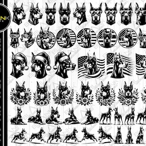 May include: A collection of black and white digital illustrations featuring a Doberman Pinscher dog in various poses. The dog is wearing a Santa hat, sunglasses, and is shown with an American flag. The illustrations are perfect for creating crafts, t-shirts, and other projects.