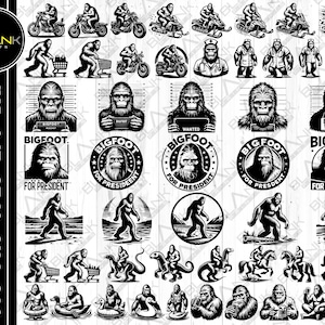 Puede incluir: Una descarga digital de 20 ilustraciones en blanco y negro con un personaje de Bigfoot en varias poses y escenarios. Las ilustraciones incluyen texto como "Bigfoot", "Bigfoot Wanted" y "Bigfoot for President".