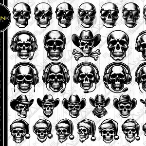 Può includere: Un set di 30 illustrazioni di teschi in bianco e nero. I teschi sono raffigurati in vari stili, tra cui l'indossare occhiali da sole, cuffie, cappelli da cowboy e cappelli di Babbo Natale.