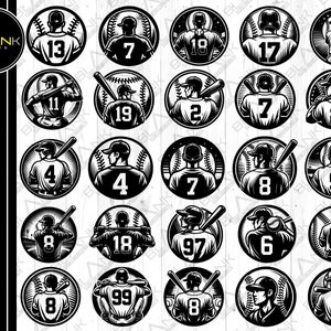 May include: A set of 24 black and white baseball player illustrations. Each illustration features a player wearing a baseball uniform with a number on the back. The numbers range from 1 to 99. The illustrations are in a circle shape with a baseball background.