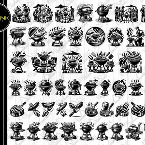 以下が含まれることがあります： 様々な種類のグリルとバーベキュー機器の白黒イラスト40点のセット。イラストはヴィンテージスタイルで、炎、食べ物、道具などのディテールが描かれています。