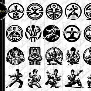 Könnte beinhalten: Ein Satz von 16 Schwarzweiß-Vektorillustrationen von Karate-Posen. Die Illustrationen befinden sich in einem kreisförmigen Rahmen mit schwarzem Hintergrund und weißem Umriss. Die Posen sind dynamisch und zeigen verschiedene Karate-Techniken.