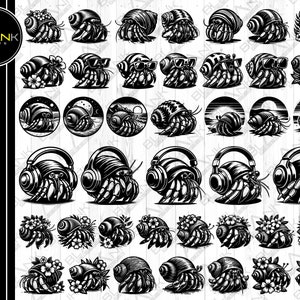 May include: A set of 40 black and white digital illustrations of hermit crabs in various poses. Some hermit crabs are wearing headphones, some are holding flowers, and some are wearing sunglasses. The illustrations are perfect for use in crafting projects, scrapbooking, or digital design.