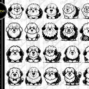Lot de mignon chien de berger anglais svg png jpeg eps dxf bundle silhouette clipart cricut vecteur usage commercial personnalisé mignon lot de chien de berger anglais