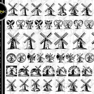 Może przedstawiać: Zestaw 48 czarno-białych plików SVG do wycinania wiatraków. Wiatraki są w różnych stylach, w tym tradycyjnym, nowoczesnym i fantazyjnym. Niektóre wiatraki znajdują się w okrągłej, sercowatej lub kwadratowej ramie. Wiatraki idealnie nadają się do rękodzieła, scrapbookingu i dekoracji domu.