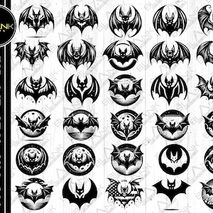 Puede incluir: Un conjunto de 24 archivos de corte SVG de silueta de murciélago en blanco y negro. Los murciélagos están en varias poses, incluyendo volando, colgando boca abajo y posados en una rama. Algunos de los murciélagos están en círculos con una luna y estrellas en el fondo.