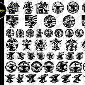 May include: A collection of black and white blacksmith-themed graphics. The designs include images of blacksmiths working at anvils, along with anvil illustrations. The graphics are in various circular and rectangular shapes, and some include American flag elements.