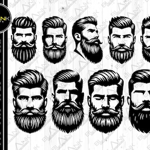 May include: A set of eight black and white illustrations of men with different beard styles. Each illustration features a man with a different hairstyle and beard length.