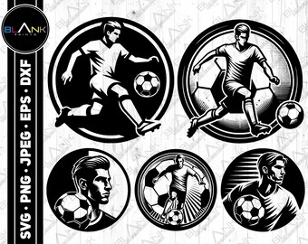 May include: Black and white illustrations of soccer players in various poses. Each illustration is set within a circle with a textured background. The illustrations are perfect for use in digital or physical crafts.