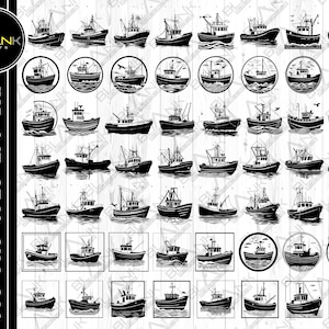 Puede incluir: Un conjunto de 48 imágenes en silueta en blanco y negro de barcos de pesca. Los barcos son de varios tamaños y estilos, algunos con velas y otros con motores. Las imágenes son perfectas para usar en manualidades, scrapbooking o diseño digital.