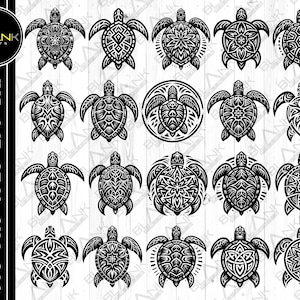 May include: Set of 16 black and white turtle silhouette SVG cut files. Each turtle has a unique geometric pattern design. The turtles are facing forward with their heads up.