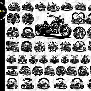 Puede incluir: Una colección de 36 archivos de corte SVG de motocicletas en blanco y negro. Los diseños incluyen varios estilos de motocicletas, incluyendo choppers, cruisers y trikes. Algunos diseños presentan banderas americanas y estrellas.