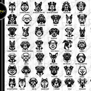 May include: Black and white illustrations of various dog breeds wearing glasses. Each dog is wearing a different style of glasses and has a different expression on its face. The illustrations are in a cartoon style and are set against a white background.