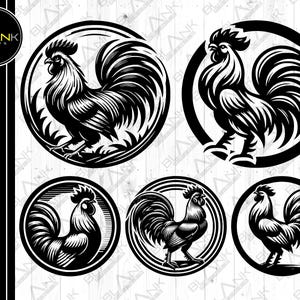 May include: Five black and white illustrations of roosters with their tails spread out. Each rooster is in a circle with a black outline.
