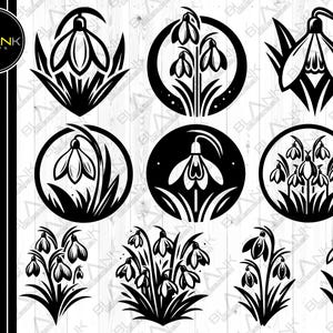 Könnte beinhalten: Ein Satz von zehn Schwarzweiß-Clipart-Bildern von stilisierten Schneeglöckchen. Die Bilder sind in verschiedenen Posen und Anordnungen, darunter einzelne Blumen, Sträuße und Kränze.