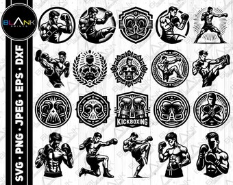 May include: A set of 16 black and white vector illustrations of kickboxers in various poses. The illustrations are in a vintage style and feature a variety of poses, including punches, kicks, and blocks. The illustrations are perfect for use in a variety of projects, such as websites, social media, and print materials.
