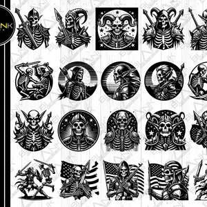 以下が含まれることがあります： 様々なポーズをとった骨格の図形を特徴とする、白黒のデジタルイラスト16点セット。図形は悪魔、戦士、その他の神話上の生き物として描かれています。一部の図形はヘルメットと鎧を着用し、他の図形は武器を持っています。イラストは、Tシャツのデザイン、ウェブサイトのグラフィック、ソーシャルメディアの投稿など、さまざまなクリエイティブプロジェクトに最適です。