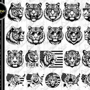 tijger bundel svg png jpeg eps dxf bundel silhouet cricut commercieel gebruik aangepaste tijger hoofd usa zonnebril usa kaart dier vector svg