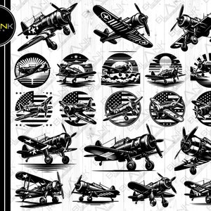 May include: A set of 16 black and white digital downloads of vintage airplane illustrations. The airplanes are in various poses, including flying, landing, and taking off. Some of the airplanes are decorated with stars and stripes.