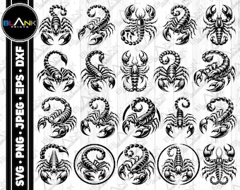 Può includere: Un set di 16 illustrazioni di silhouette di scorpioni in bianco e nero. Gli scorpioni sono in varie pose, tra cui arrotolati, in cammino e in piedi. Le illustrazioni sono perfette per l'uso in artigianato, scrapbooking e altri progetti creativi.