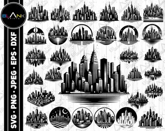 City Skyline Silhouette Bundle, Vector (svg, png, jpg, eps, dxf) (Digital Download)