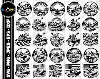 May include: A set of 16 black and white illustrations of people in a raft on a river. The illustrations are in a circular frame and are perfect for use in crafting projects, scrapbooking, or digital design.